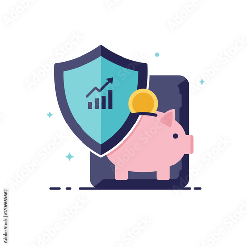 This modern illustration represents robust financial security and smart investment strategies, combining a protective shield with a growing savings account.