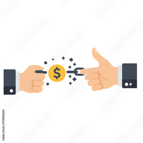 A powerful conceptual image of two hands breaking a chain with a dollar coin, symbolizing financial freedom, ending a contract, or dissolving a partnership.