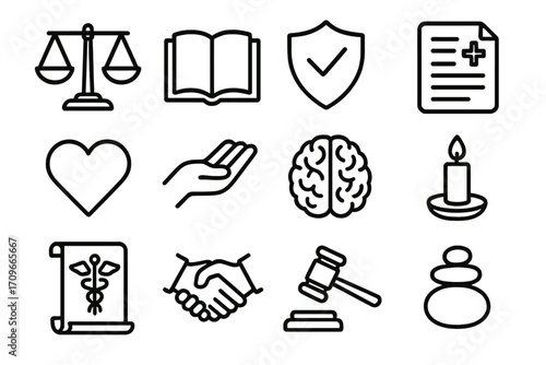 Legal and wellness linear icon set. featuring justice, book, shield, document, heart, hand, brain, candle, scroll, handshake, gavel, stones