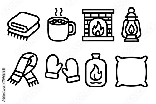 Cozy winter essentials linear icon set. featuring blanket, hot drink, fireplace, lantern, scarf, mittens, hot water bottle, pillow.
