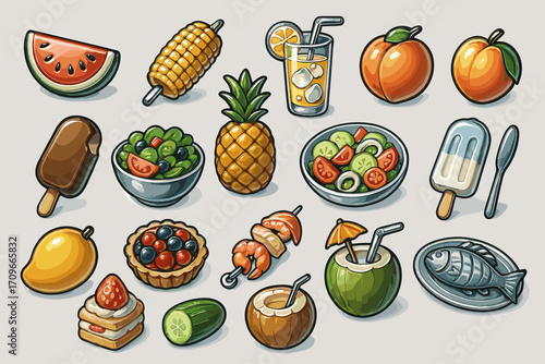 Food and drink flat icon set. featuring watermelon, corn, juice, peach, salad, ice cream, pineapple, and cake