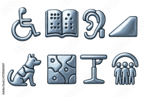 Accessibility silhouette icon set. featuring wheelchair, braille book, hearing aid, ramp, guide dog, puzzle, adjustable table, inclusion symbols