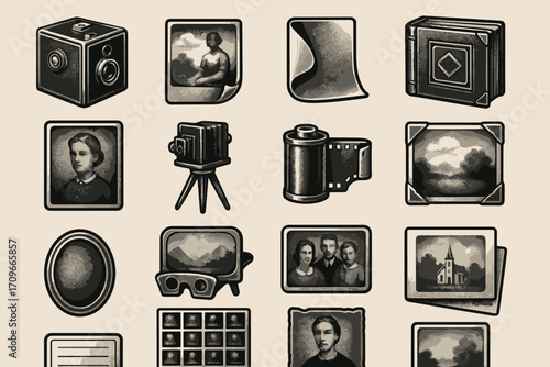 Photography equipment silhouette icon set. featuring camera, film, album, tripod, frame, and portrait symbols