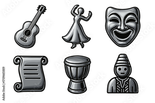 Entertainment metal silhouette icon set. featuring guitar, dancer, mask, scroll, drum, figure
