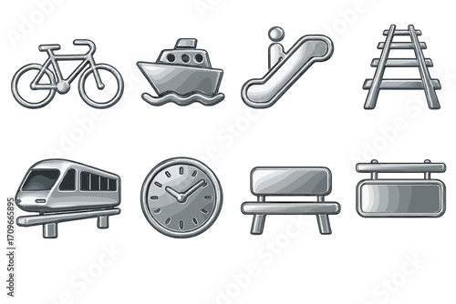 Transport silhouette icon set. featuring bicycle, ship, escalator, railway, train, clock, bench, and signboard symbols
