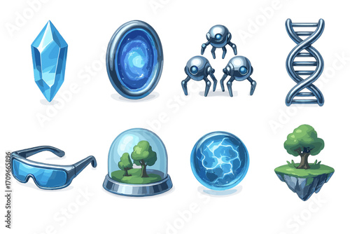 Futuristic elements flat icon set. featuring crystal, portal, robot, dna, vr glasses, nature, energy sphere, floating island