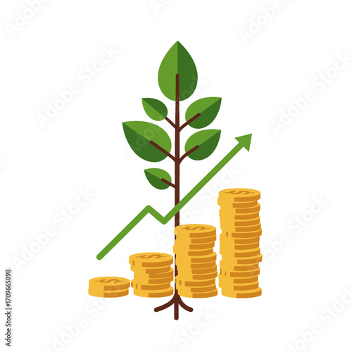 A vibrant illustration symbolizing financial growth, successful investment, prosperity, featuring a thriving plant, increasing coin stacks, and an upward arrow.