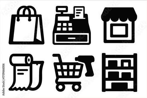 Retail and shopping silhouette icon set. featuring bag, register, store, receipt, cart, drill, and shelf symbols