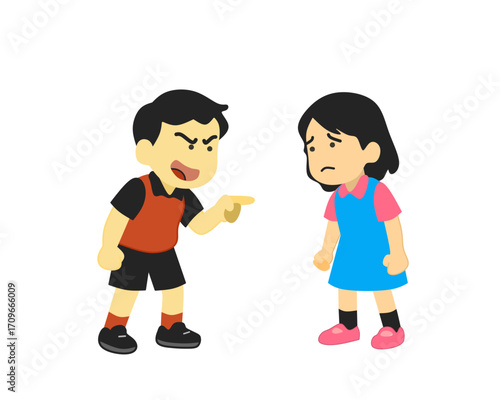 Flat vector illustration of a boy bullying a girl. Perfect for educational materials, school awareness campaigns, social issues, psychology, and children’s rights concepts.
