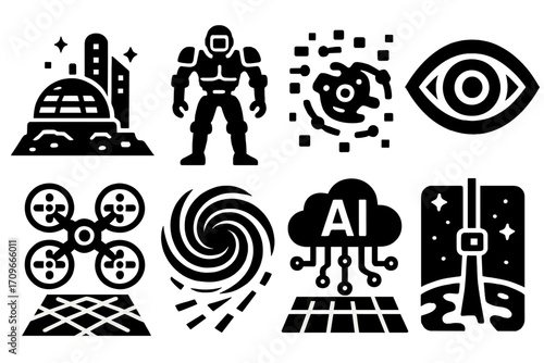 Futuristic sci-fi silhouette icon set. featuring astronaut, galaxy, ai, drone, cityscape, virtual reality, and spacesuit