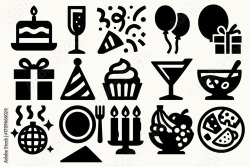 Party and celebration silhouette icon set. featuring cake, champagne, balloons, gift, hat, and pizza symbols