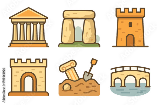 Historical landmarks flat icon set. featuring temple, stonehenge, castle, ruins, excavation, bridge