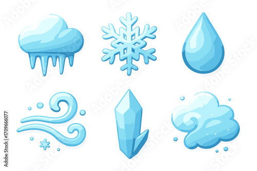 Winter elements flat icon set. featuring snow, snowflake, raindrop, wind, crystal, and cloud symbols