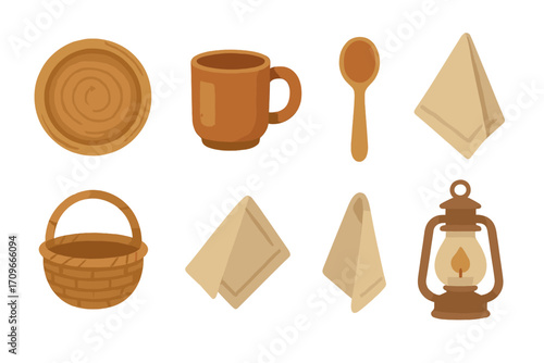 Camping essentials flat icon set. featuring plate, mug, spoon, sandwich, basket, and lantern