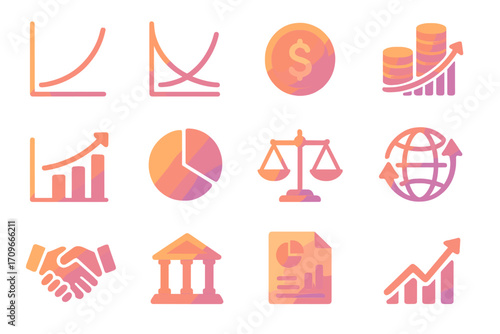 Business finance silhouette icon set. featuring chart, growth, currency, scale, globe, handshake, and bank symbols