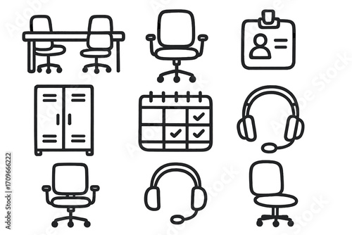 Office essentials linear icon set. featuring desk, chair, id badge, locker, calendar, and headset symbols