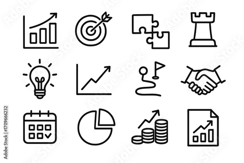 Business strategy linear icon set. featuring growth, target, puzzle, chess, idea, chart, plan, handshake, calendar, pie, coins, report