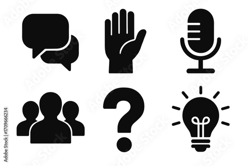Communication and idea silhouette icon set. featuring chat, hand, microphone, group, question, and light bulb symbols