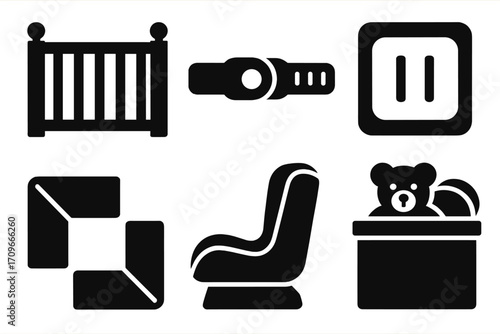 Baby and nursery silhouette icon set. featuring crib, rattle, diaper, pause button, car seat, storage box