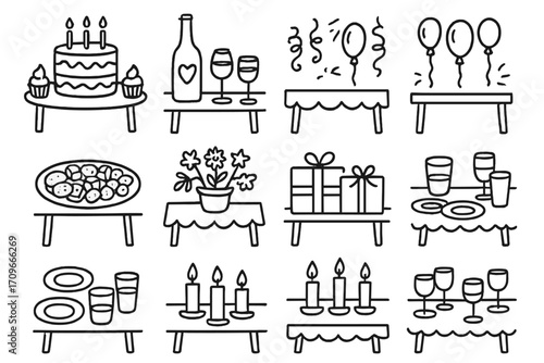 Celebration and party linear icons set. featuring cake, wine, balloons, confetti, gifts, and candles symbols