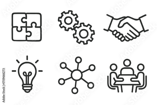 Business and collaboration linear icon set. featuring puzzle, gears, handshake, idea, network, and meeting symbols