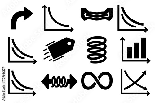 Physics concepts silhouette icon set. featuring momentum, elastic, parabola, infinity, wave, and graph symbols