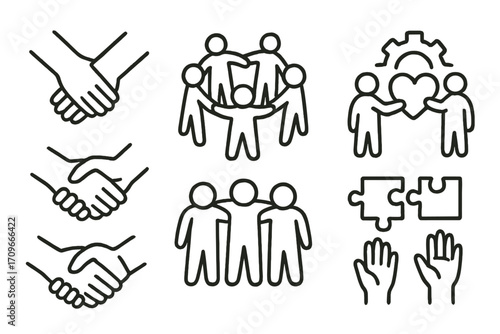 Community and collaboration linear icon set. featuring handshake, teamwork, support, unity, and partnership symbols