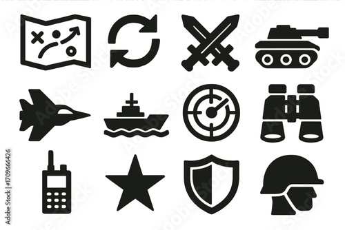 Military equipment silhouette icon set. featuring map, reload, cross swords, tank, jet, ship, radar, binoculars, radio, star, shield, helmet