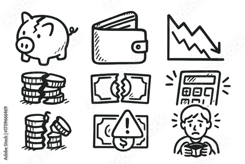 Financial crisis linear icon set. featuring piggy bank, wallet, graph, coins, money, calculator, and stress symbols