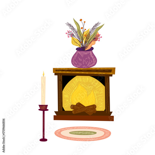 Fireplace wood with candle and vase isolated. Fireplace warm for autumn cozy design