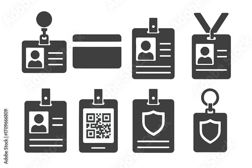 Id badge silhouette icon set. featuring qr code, employee, card, security, and identification symbols