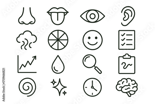 Human senses and emotions linear icon set. featuring nose, mouth, eye, ear, aroma, and smile symbols