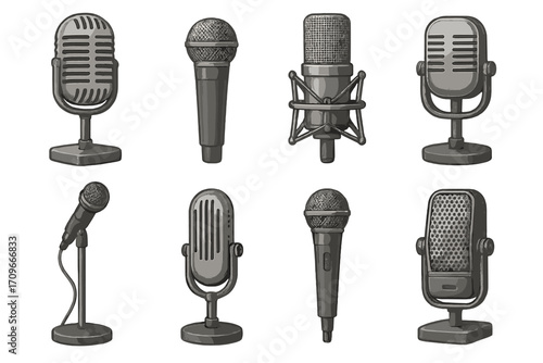 Music equipment silhouette icon set. featuring retro, vintage, classic, dynamic, studio microphones