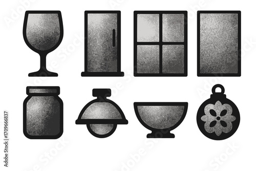 Kitchen essentials silhouette icons set. featuring glass, fridge, window, mirror, jar, lamp, bowl, ornament