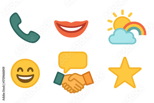 Social and communication neon silhouette icon set: phone, smile, sun, cloud, happy, chat, handshake, star