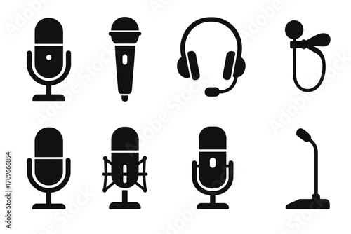 Audio equipment silhouette icon set. featuring microphone, headset, stand, and clip symbols