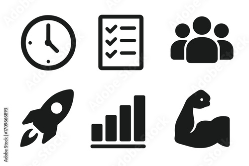 Time management silhouette icon set. featuring clock, checklist, team, rocket, growth, strength symbols