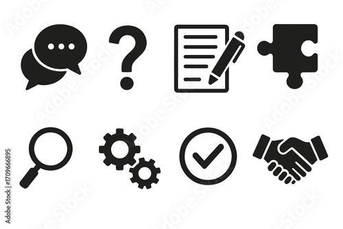 Business communication silhouette icon set. featuring chat, question, document, puzzle, search, settings, check, handshake