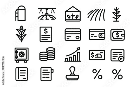 Agriculture and finance linear icon set. featuring irrigation, crops, credit card, safe, investment symbols