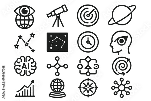 Space and science linear icon set. featuring alien, telescope, radar, planet, constellation, ai, and astronomy symbols