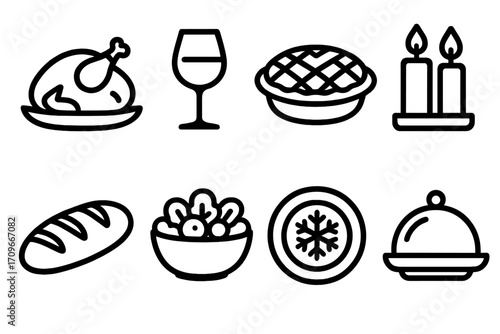 Dinner and wine linear icon set. featuring chicken, wine glass, pie, candles, bread, salad, snowflake, cloche symbols