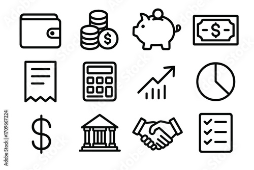 Finance linear icon set. featuring wallet, coins, piggy bank, banknote, receipt, calculator, growth, pie chart, dollar, bank, handshake, checklist