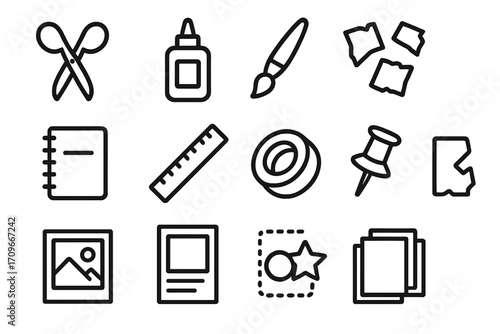 Crafting tools linear icon set. featuring scissors, glue, paintbrush, paper, notebook, ruler, tape, pin, photo