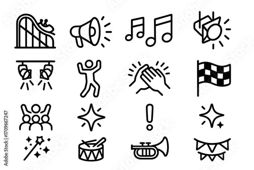 Amusement park linear icon set. featuring roller coaster, megaphone, music, spotlight, dancing, clapping, star, exclamation, trumpet, bunting