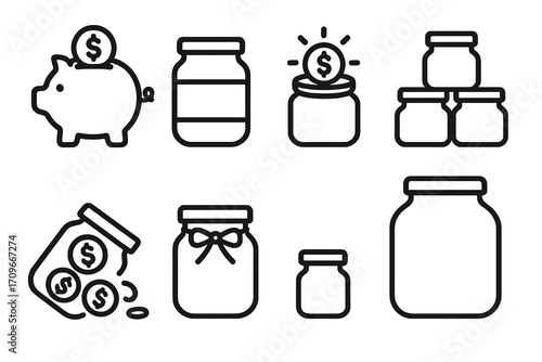Finance and savings linear icon set. featuring piggy bank, jar, coins, money, and budget symbols