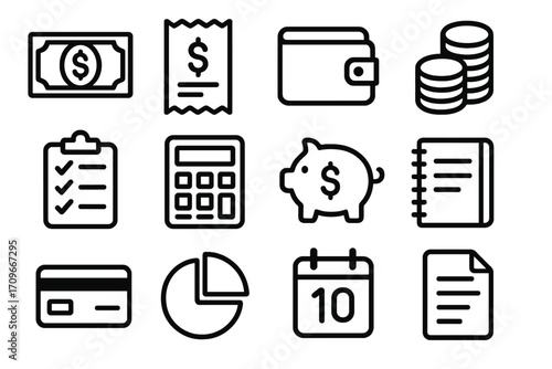 Finance and business linear icons set. featuring money, receipt, wallet, coin, checklist, calculator, piggy bank
