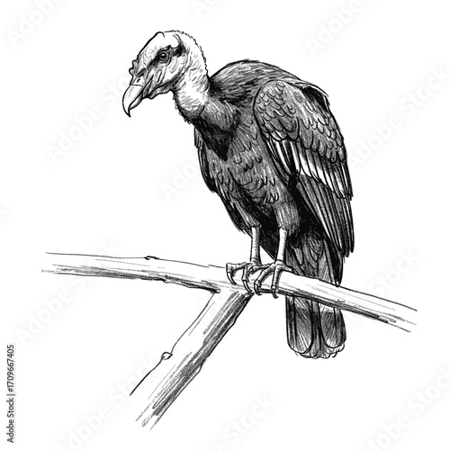 Majestic sketch illustration of a condor or vulture perched on a sturdy branch, wild bird of prey.
