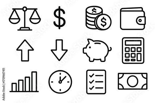 Finance linear icon set. featuring scales, dollar, coins, wallet, arrows, piggy bank, calculator, chart, clock, checklist, money