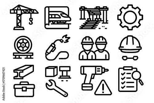 Construction tools and equipment linear icon set. featuring crane, train, helmet, gear, worker, and blueprint symbols