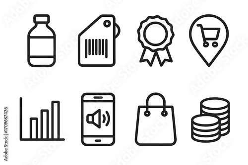 Business and retail silhouette icon set. featuring bottle, tag, medal, location, chart, phone, bag, and coins symbols